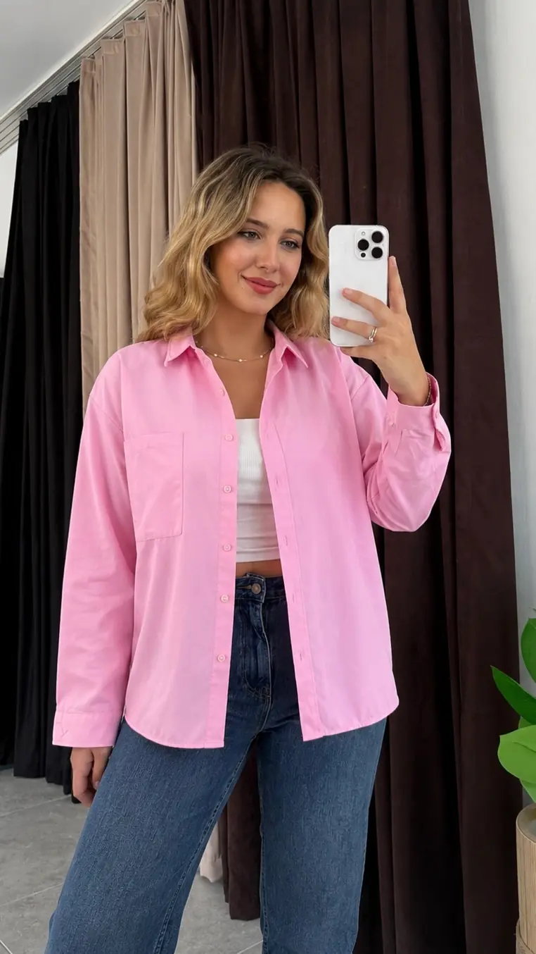 Ürün görseli: Tek Cepli Oversize Gömlek - Pembe